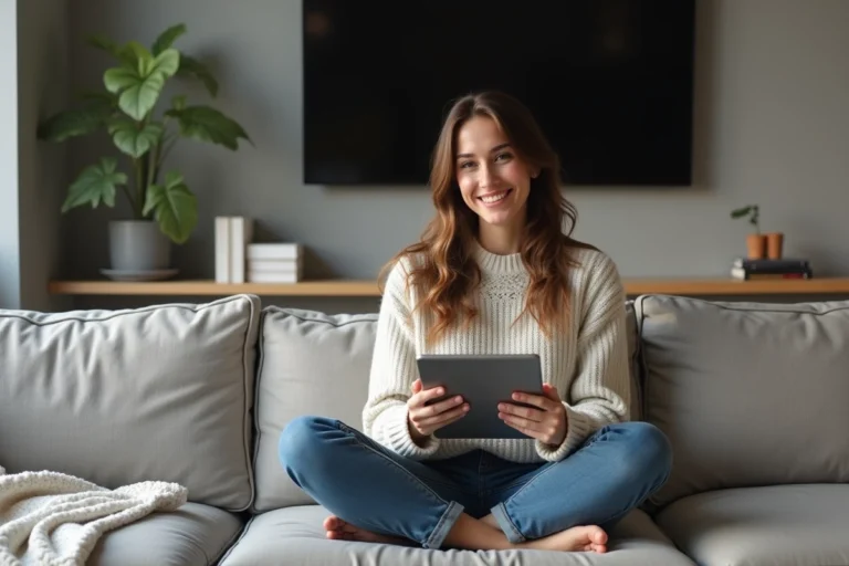 Femme souriante utilisant une tablette dans un salon cosy