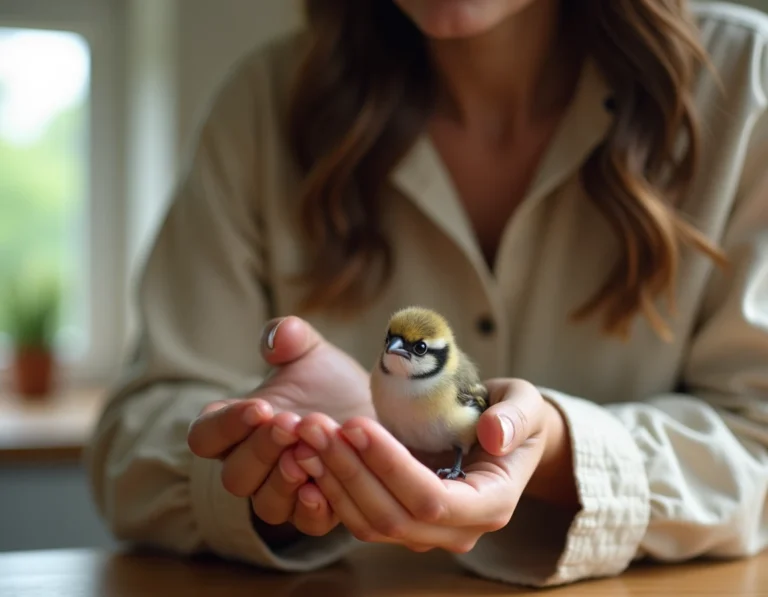 Femme tenant délicatement un oisillon de mésange charbonnière dans ses mains en coupe pour le nourrir et le protéger