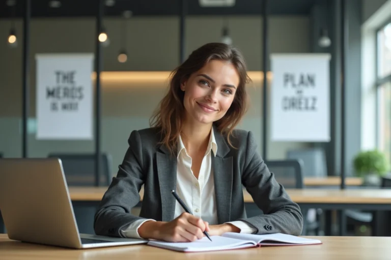 Femme en blazer prenant des notes dans un bureau moderne