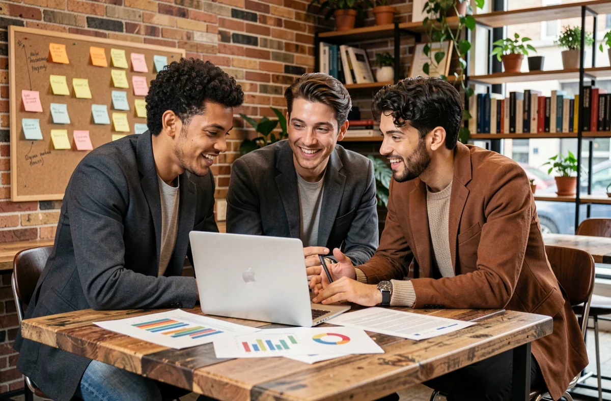Groupe de jeunes entrepreneurs analysant des tendances et actualités du monde des affaires autour d'un ordinateur portable