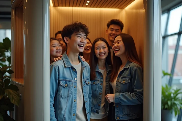 Groupe de jeunes souriants dans un photobooth moderne intérieur
