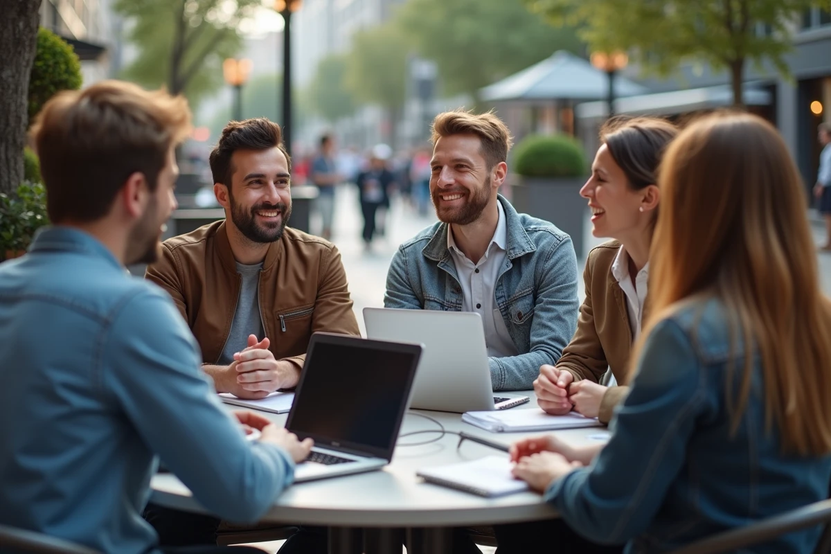 Groupe de professionnels en discussion dans un café urbain