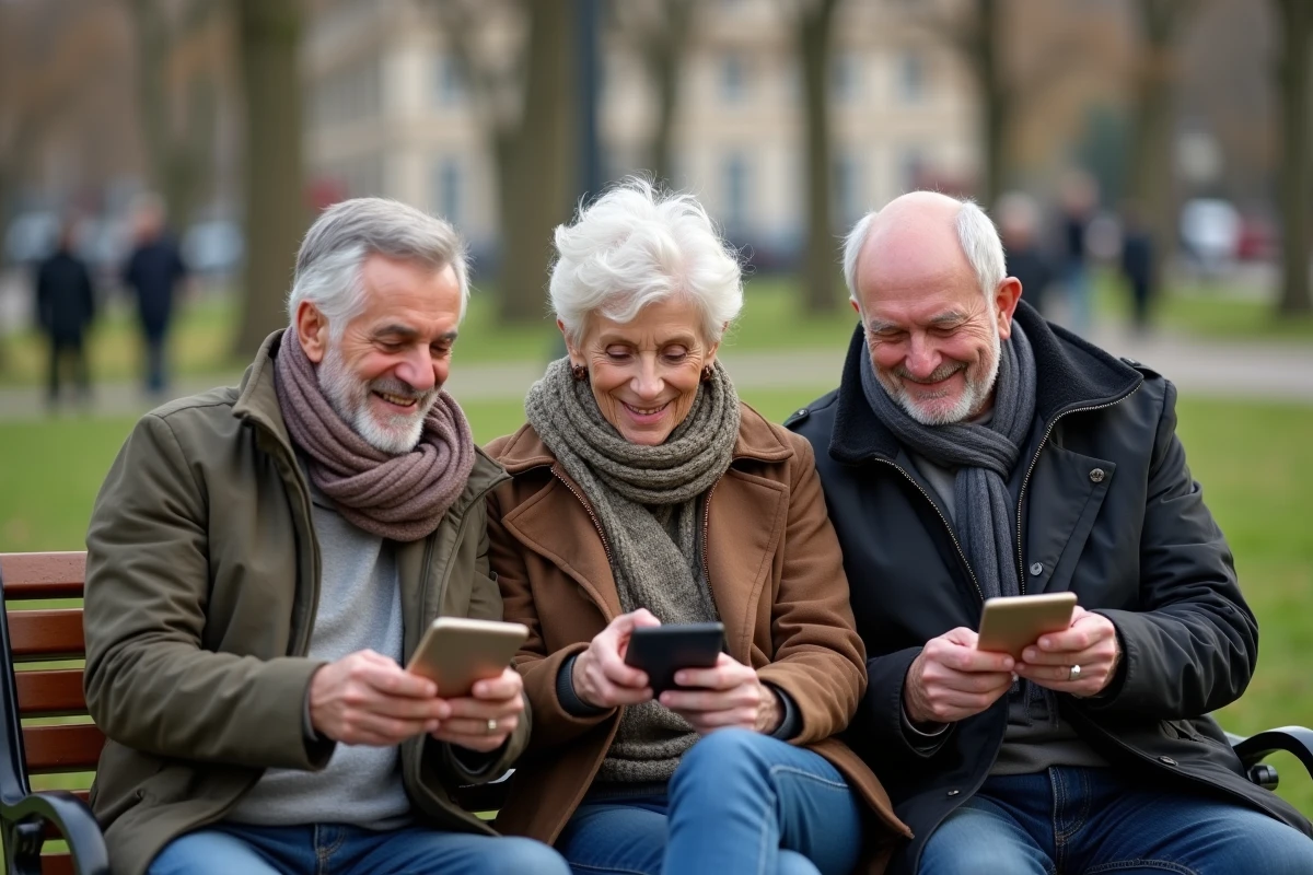 Trois seniors partageant des actualites sur une banquette de parc