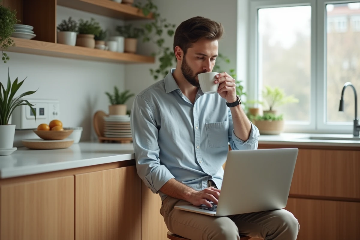 Jeune homme travaillant sur un ordinateur dans la cuisine moderne
