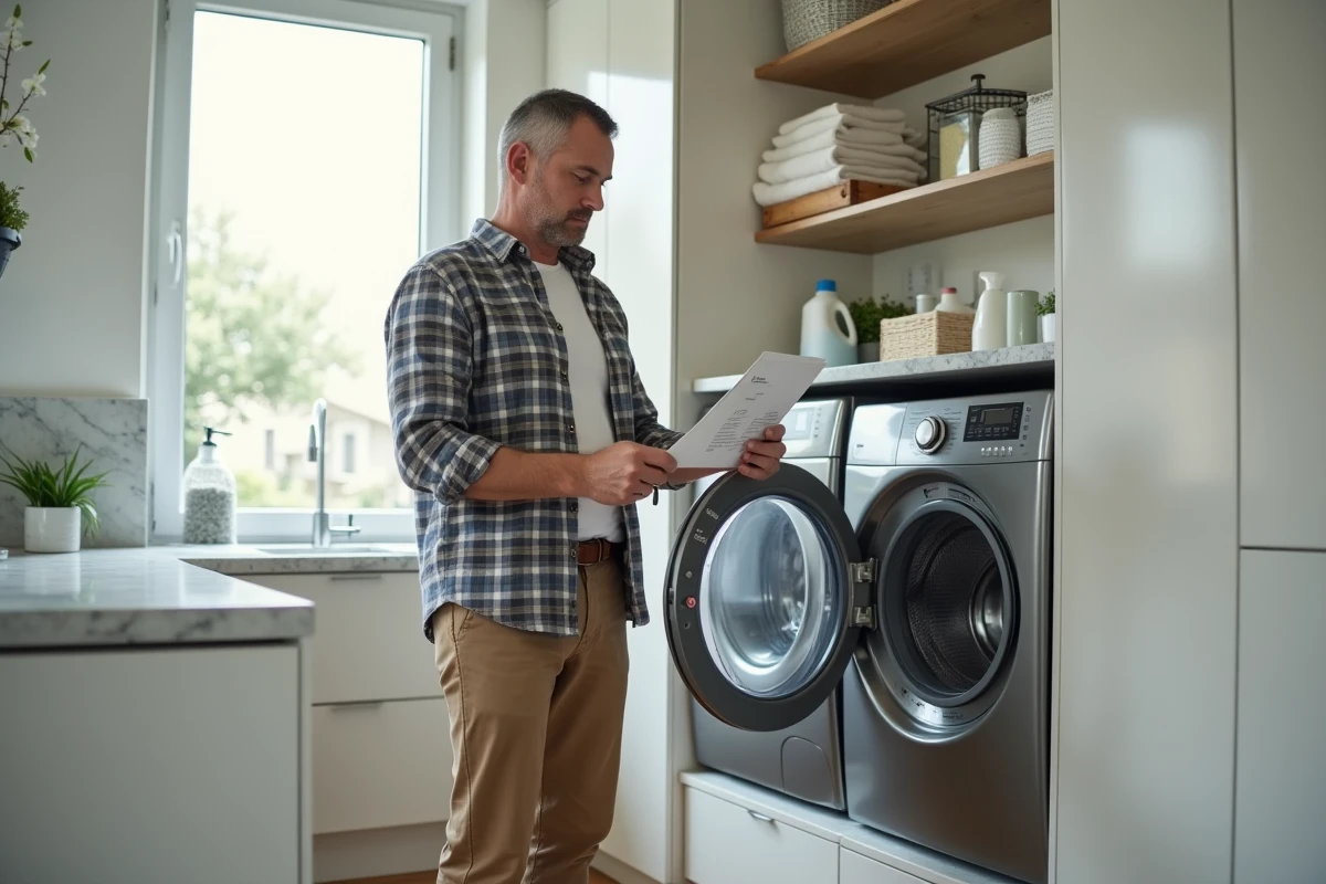 Homme vérifiant le manuel devant la machine à laver dans l