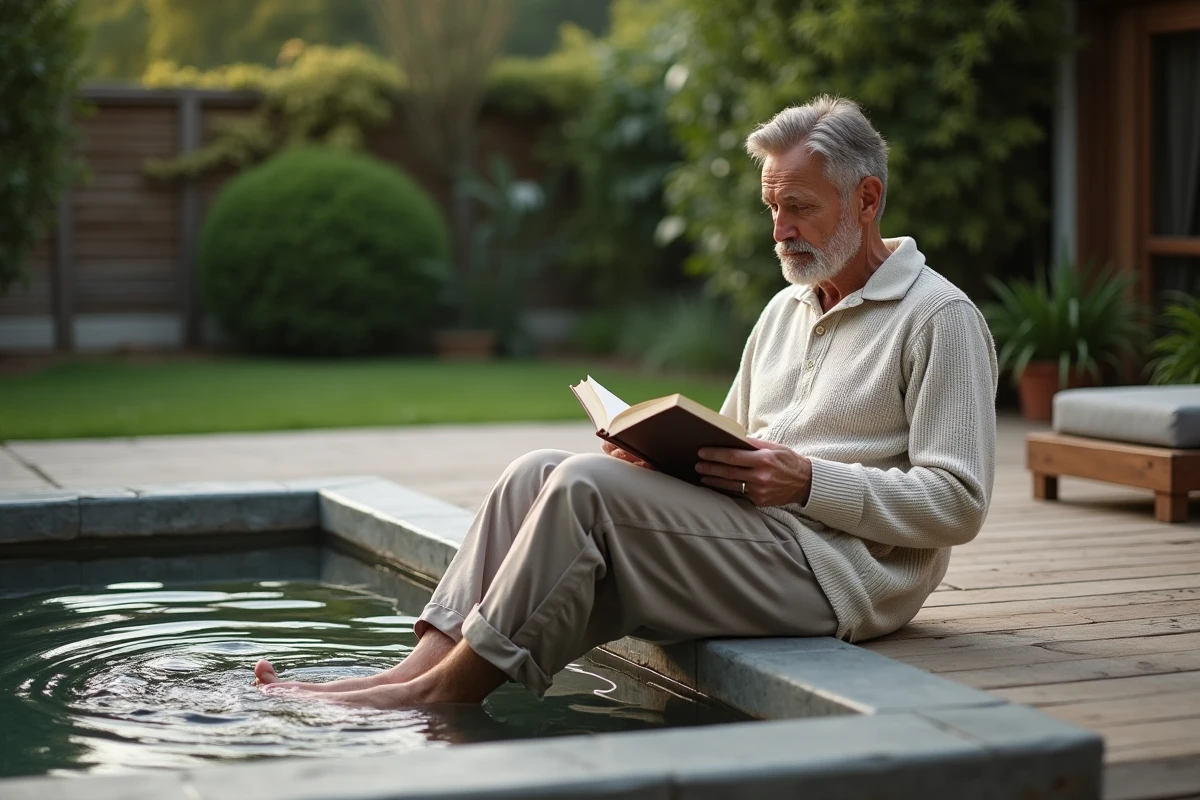 Homme lisant au bord d’un bassin dans un jardin paisible