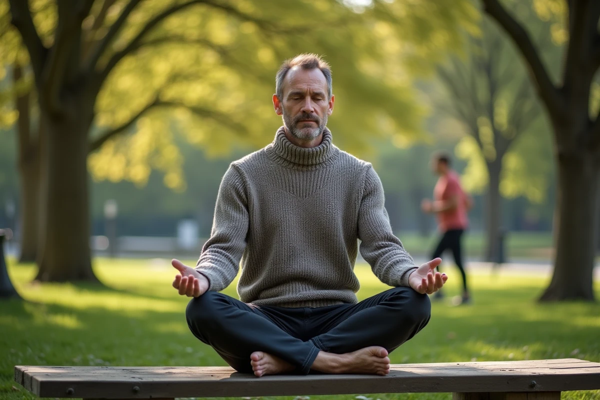 Homme méditant assis sur un banc dans un parc urbain