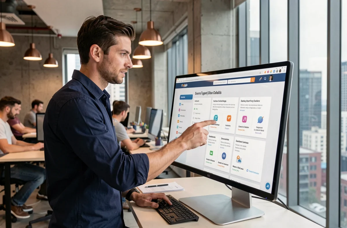 Homme naviguant sur les différentes sections d'un site web depuis un bureau en open space moderne