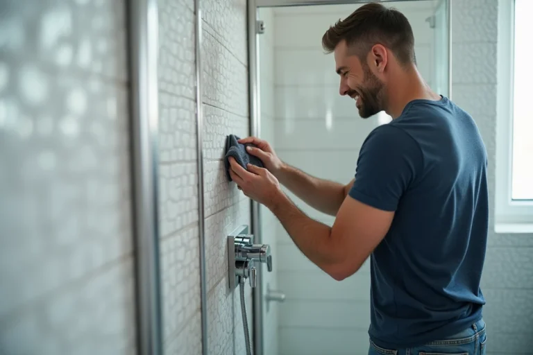 Homme nettoie un mitigeur de douche en chrome dans une salle de bain moderne