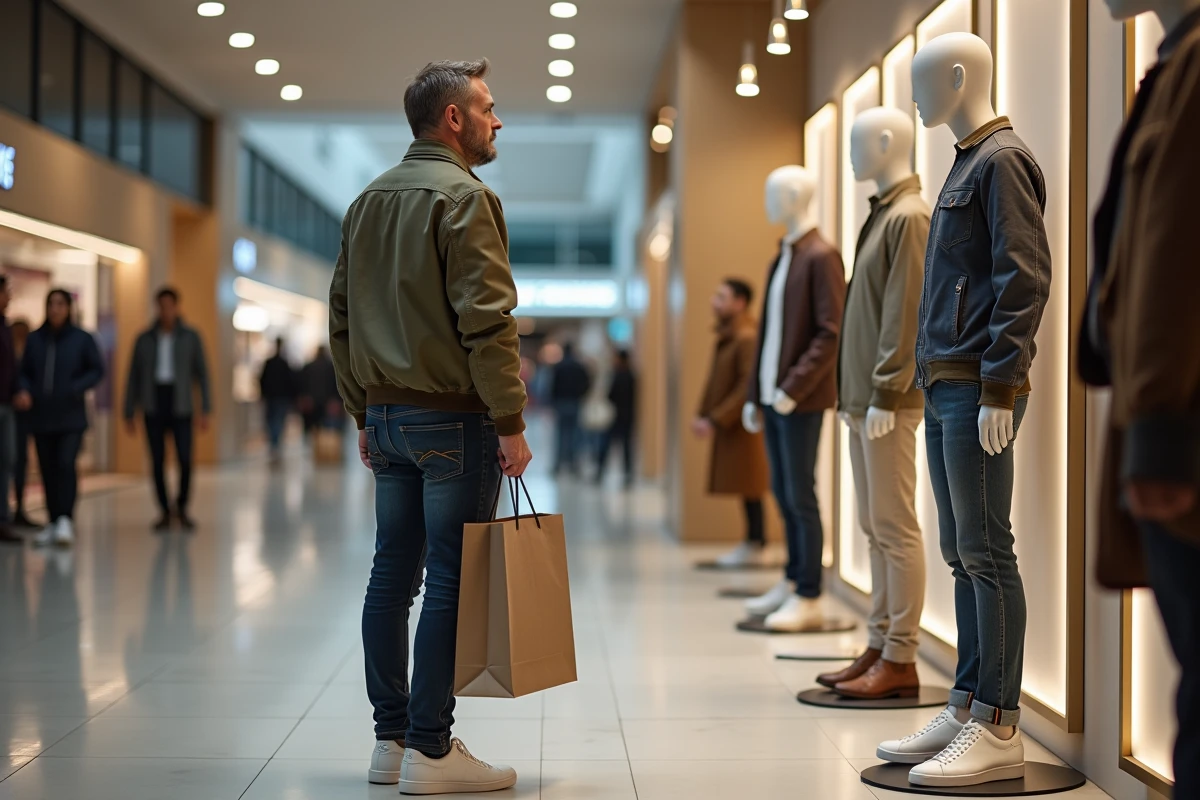 Homme tendance en shopping dans un centre commercial moderne avec affichages de collections de mode