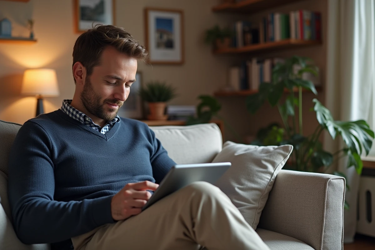 Homme utilisant une tablette dans un salon cosy