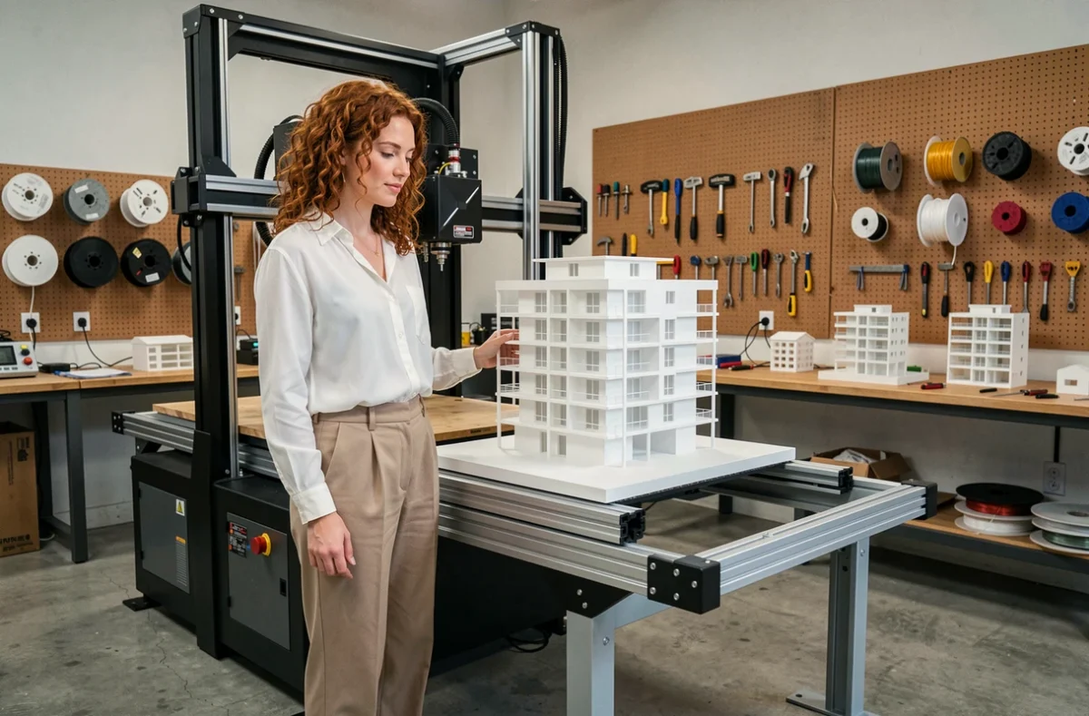 Architecte féminine supervisant une impression 3D de maquette architecturale dans un studio de conception contemporain