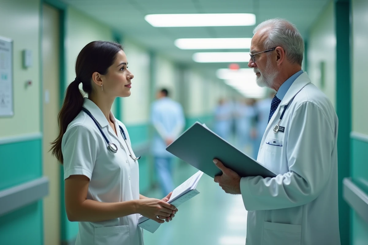 Infirmière diplômée en conversation avec un médecin dans un couloir d'hôpital public français