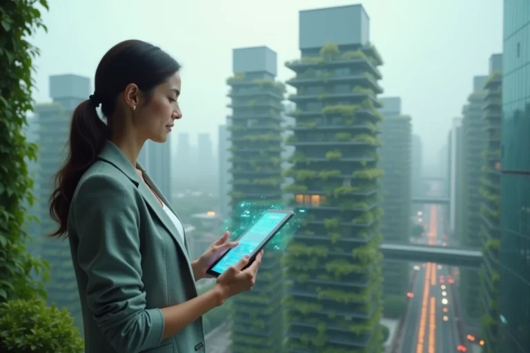 Ingénieure examinant une interface holographique face à une ville futuriste couverte de jardins verticaux en 2050