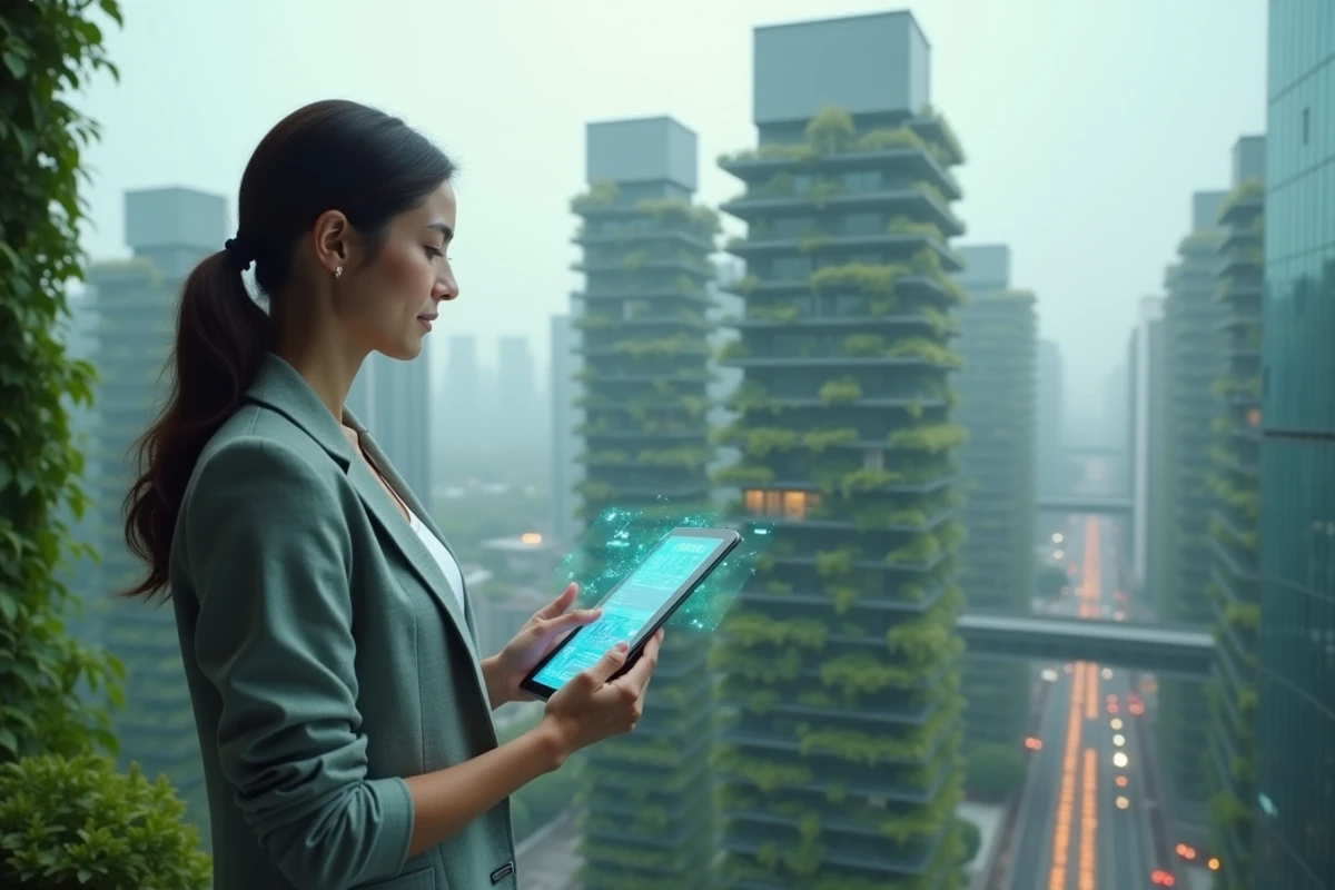Ingénieure examinant une interface holographique face à une ville futuriste couverte de jardins verticaux en 2050