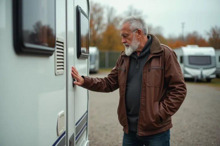 Homme inspecte l'extérieur d'une caravane d'occasion dans un parc de vente pour gens du voyage
