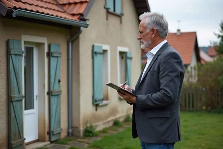 Homme inspectant une maison avec panneau en vente