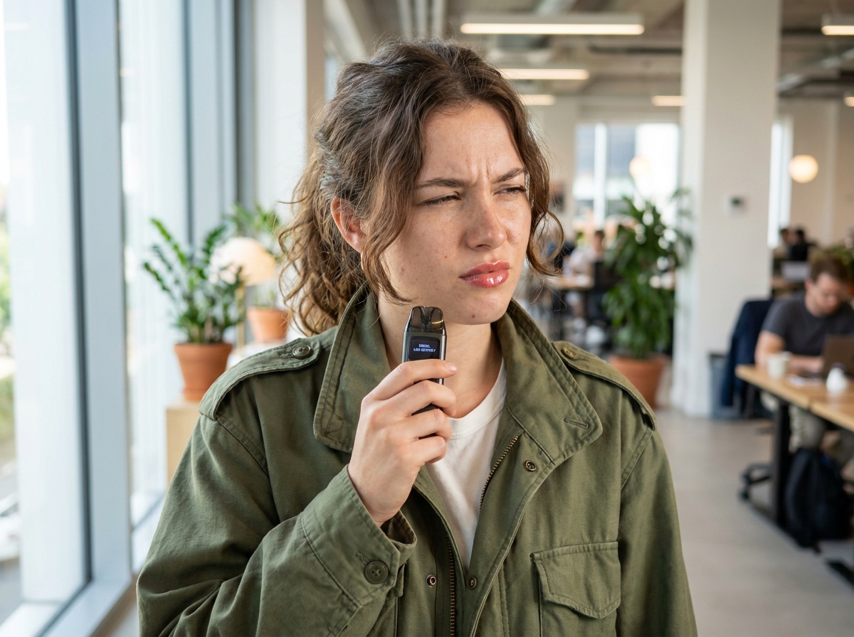 Jeune femme lisant un message d'erreur sur son vaporisateur dans un espace de coworking