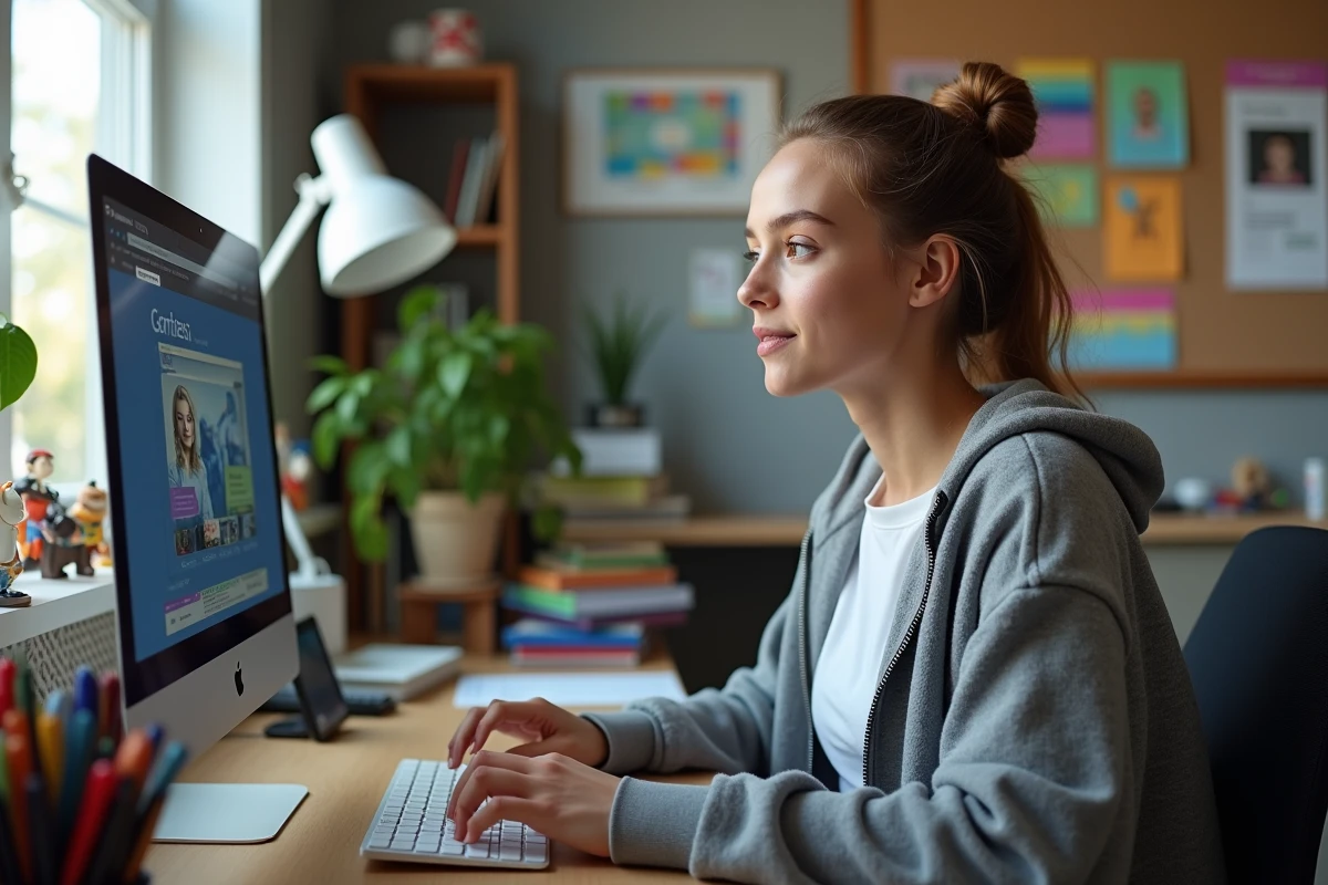 Jeune fille utilisant un ordinateur avec figurines et papeterie