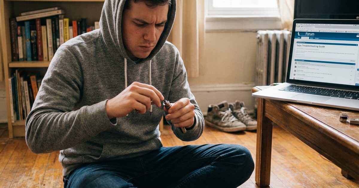Jeune homme démontant sa vape pour diagnostiquer une panne dans son appartement