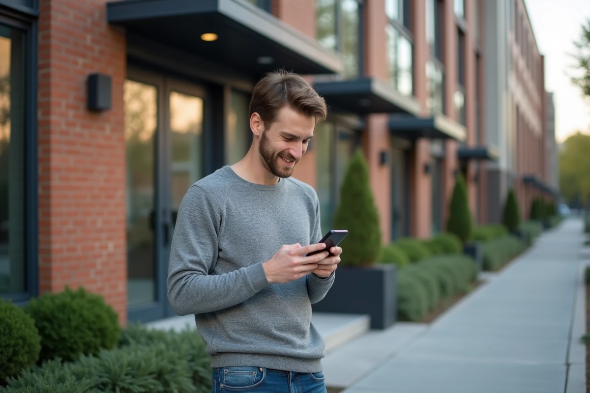 Jeune homme vérifiant des annonces immobilières dehors