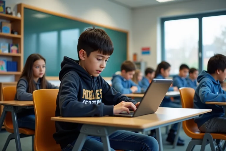 Jeune garçon avec hoodie regardant une tablette en classe