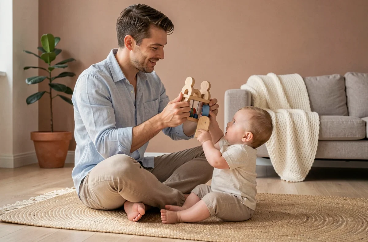 Père jouant avec son bébé avec des jouets en bois non toxiques sur un tapis naturel dans un intérieur sain