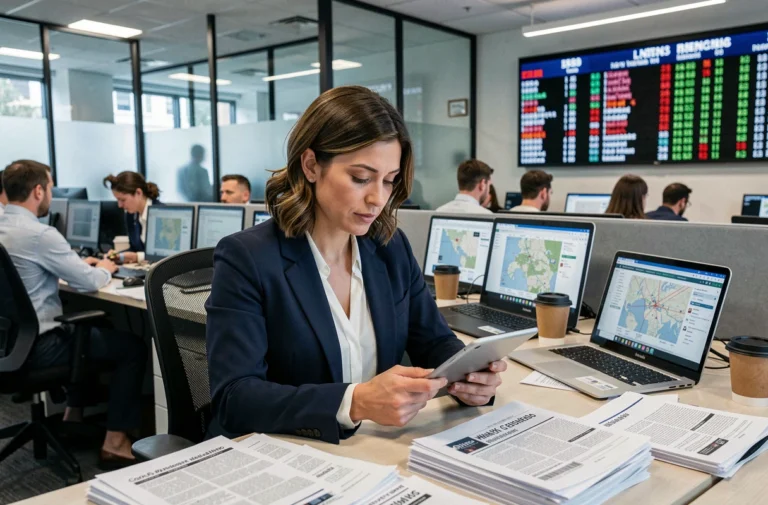 Journaliste française concentrée dans une salle de rédaction moderne, consultant des actualités sur tablette entourée d'écrans d'information
