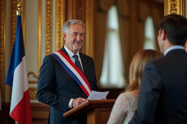 Maire en écharpe tricolore prononçant un discours lors d'une cérémonie de mariage civil dans une salle des mariages ornée
