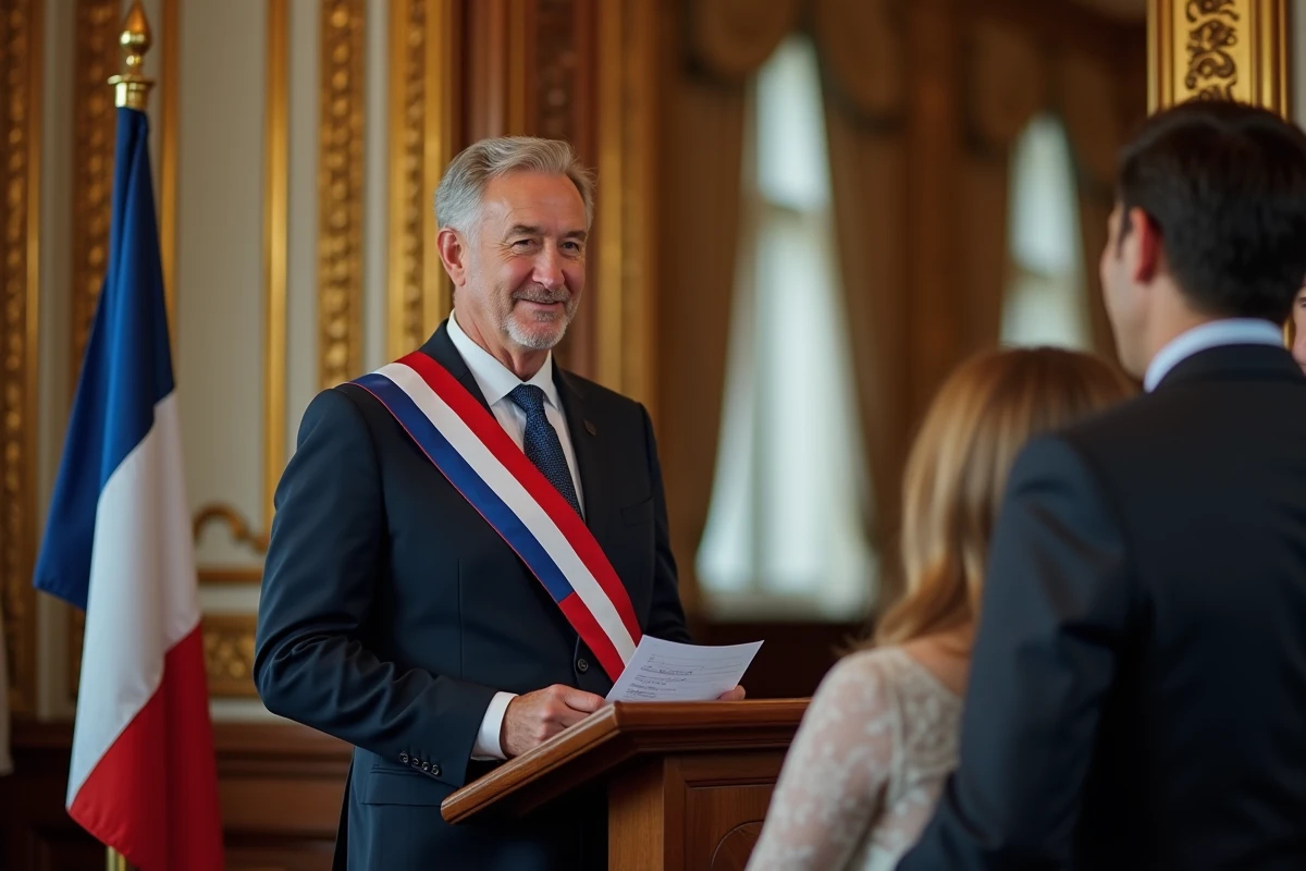 Maire en écharpe tricolore prononçant un discours lors d'une cérémonie de mariage civil dans une salle des mariages ornée
