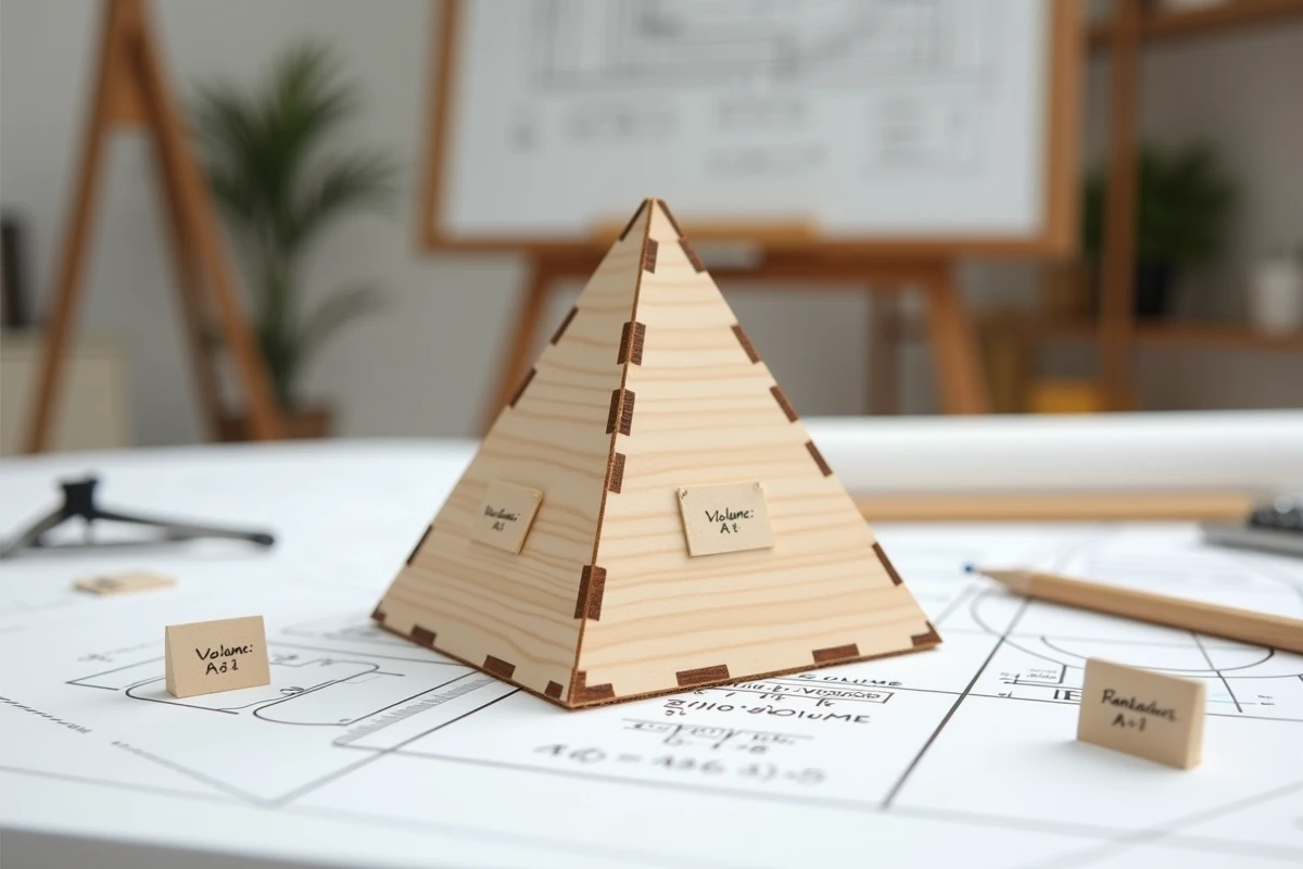 Maquette en bois d'une pyramide à base triangulaire avec outils de mesure et feuilles de calcul du volume