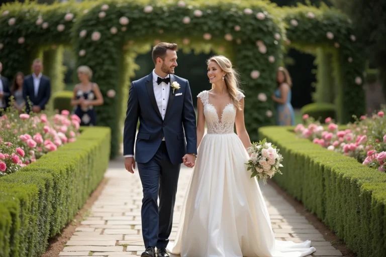 Jeune couple de mariés dans un jardin fleuri lors d'un mariage