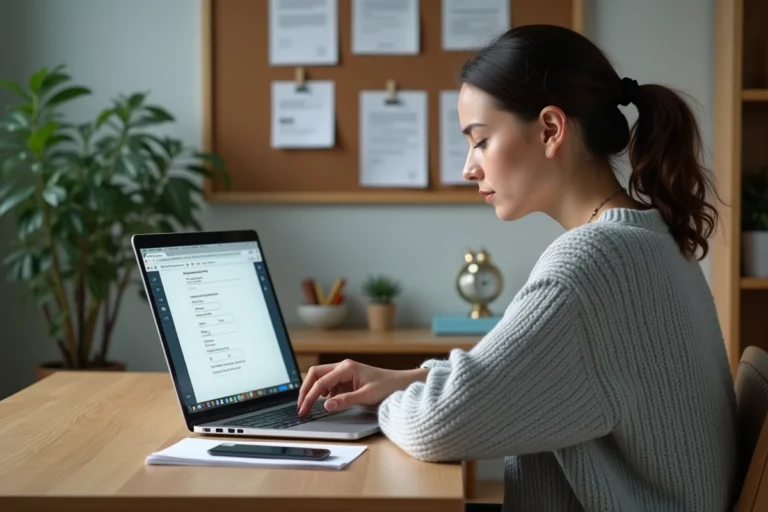 Femme mettant à jour son RIB sur le portail France Travail depuis son bureau à domicile