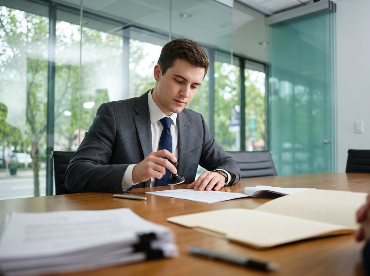 Jeune notaire vérifiant un document dans une salle moderne