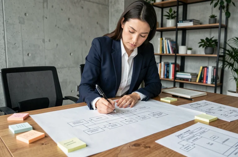 Femme professionnelle organisant le plan de navigation d'un site web sur papier dans un bureau moderne