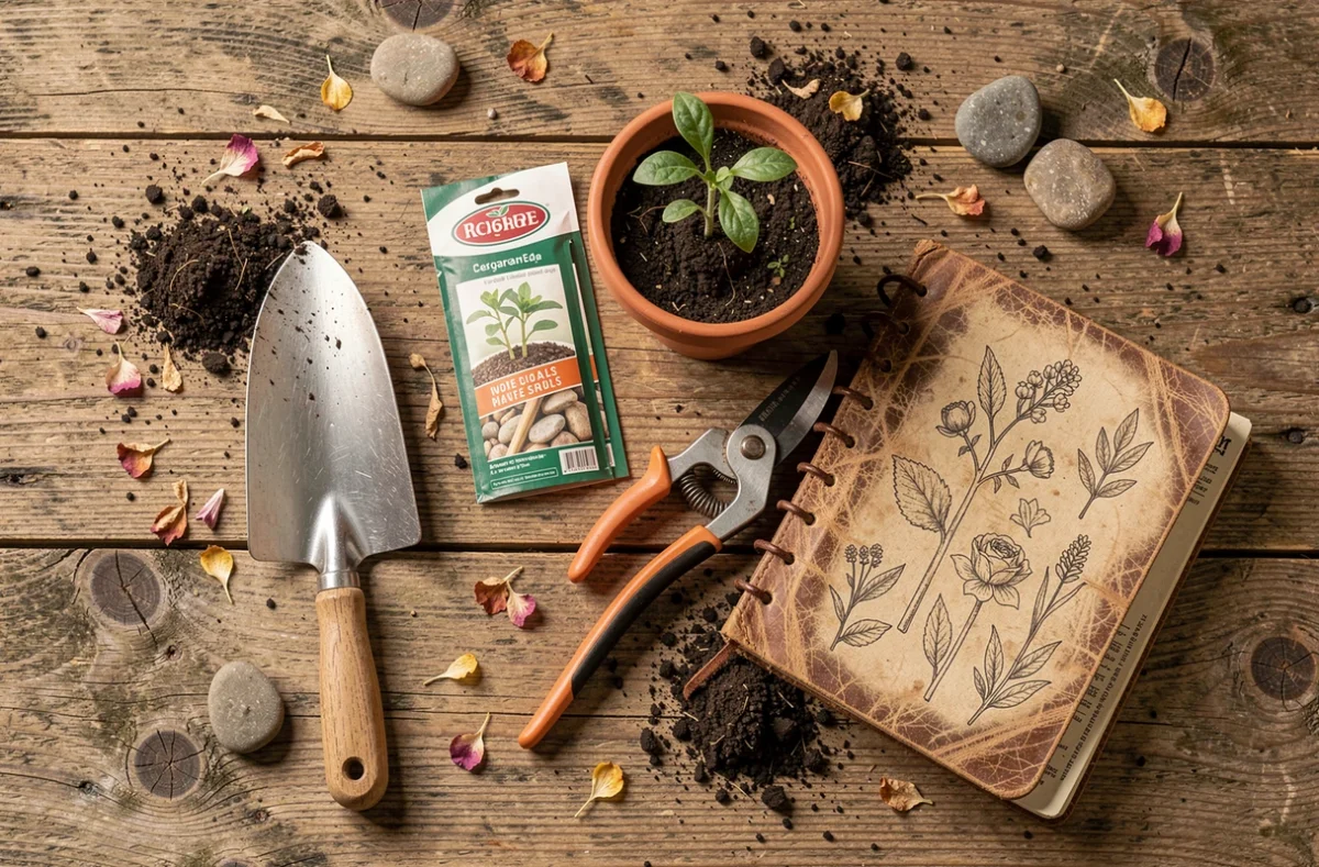 Vue de dessus d'outils de jardinage, graines et carnet botanique sur bois vieilli dans un atelier de jardinage artisanal