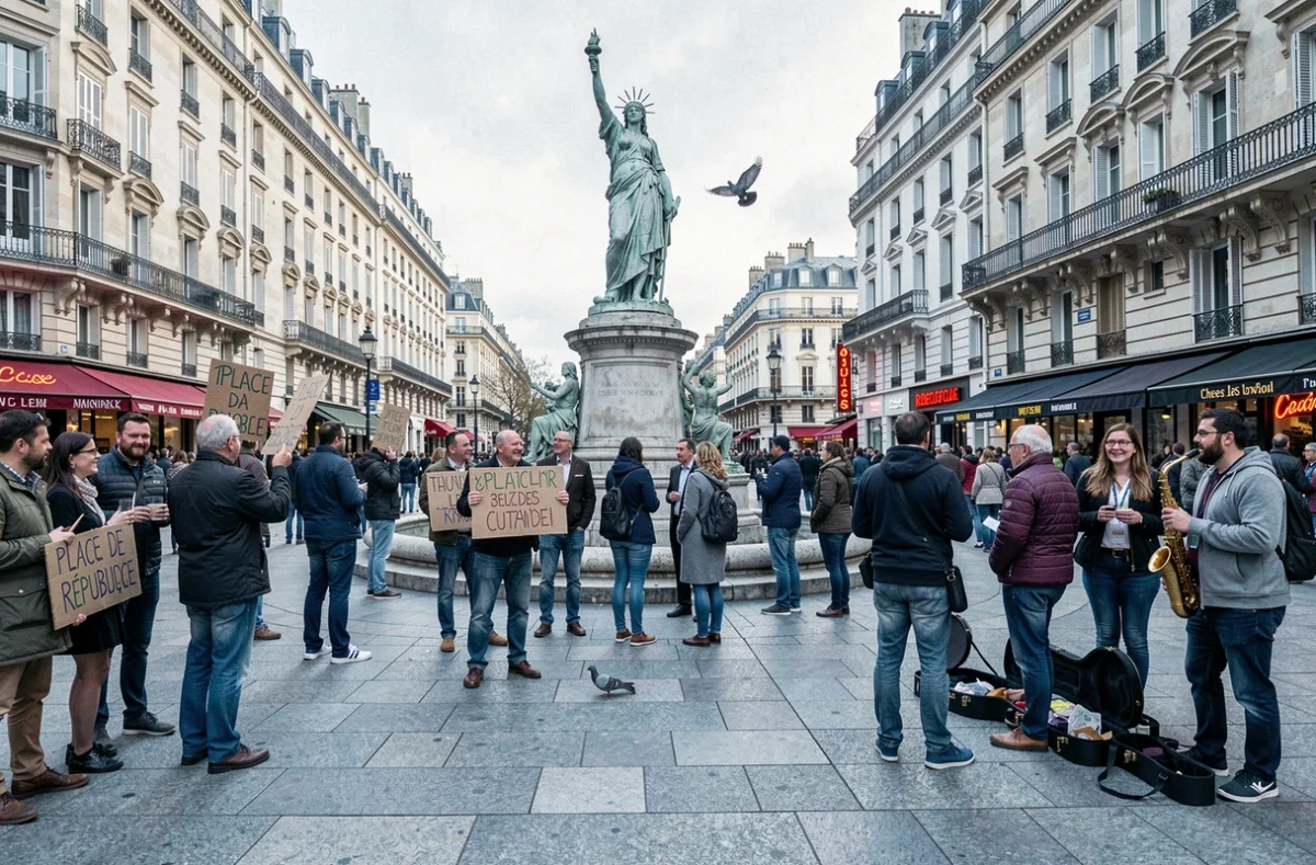 Place de la République à Paris avec rassemblement culturel et foule diverse en plein air