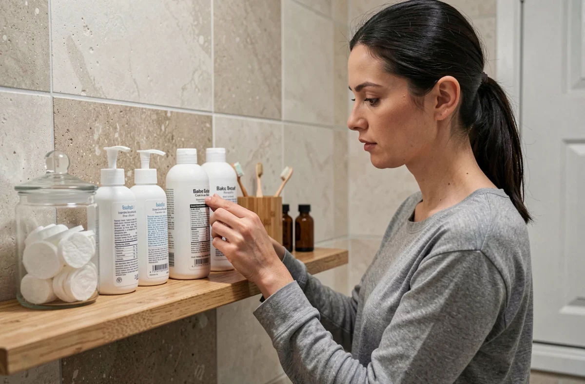 Mère lisant les étiquettes de produits de soin bébé naturels dans une salle de bain éco-responsable