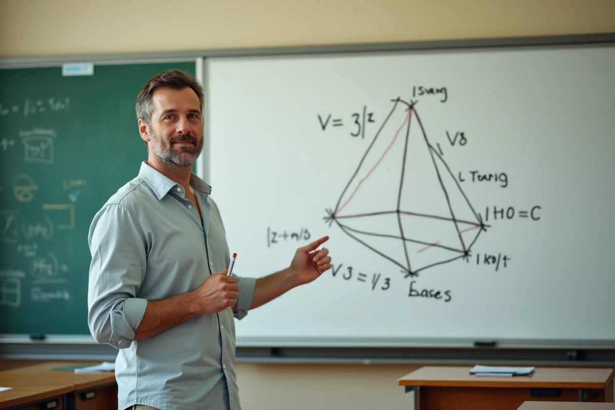 Professeur de mathématiques expliquant le calcul du volume d'une pyramide à base triangulaire au tableau