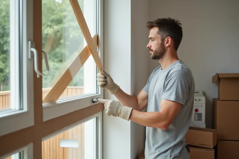 Homme appliquant du scotch de déménagement en diagonale sur une grande vitre pour la protéger avant transport