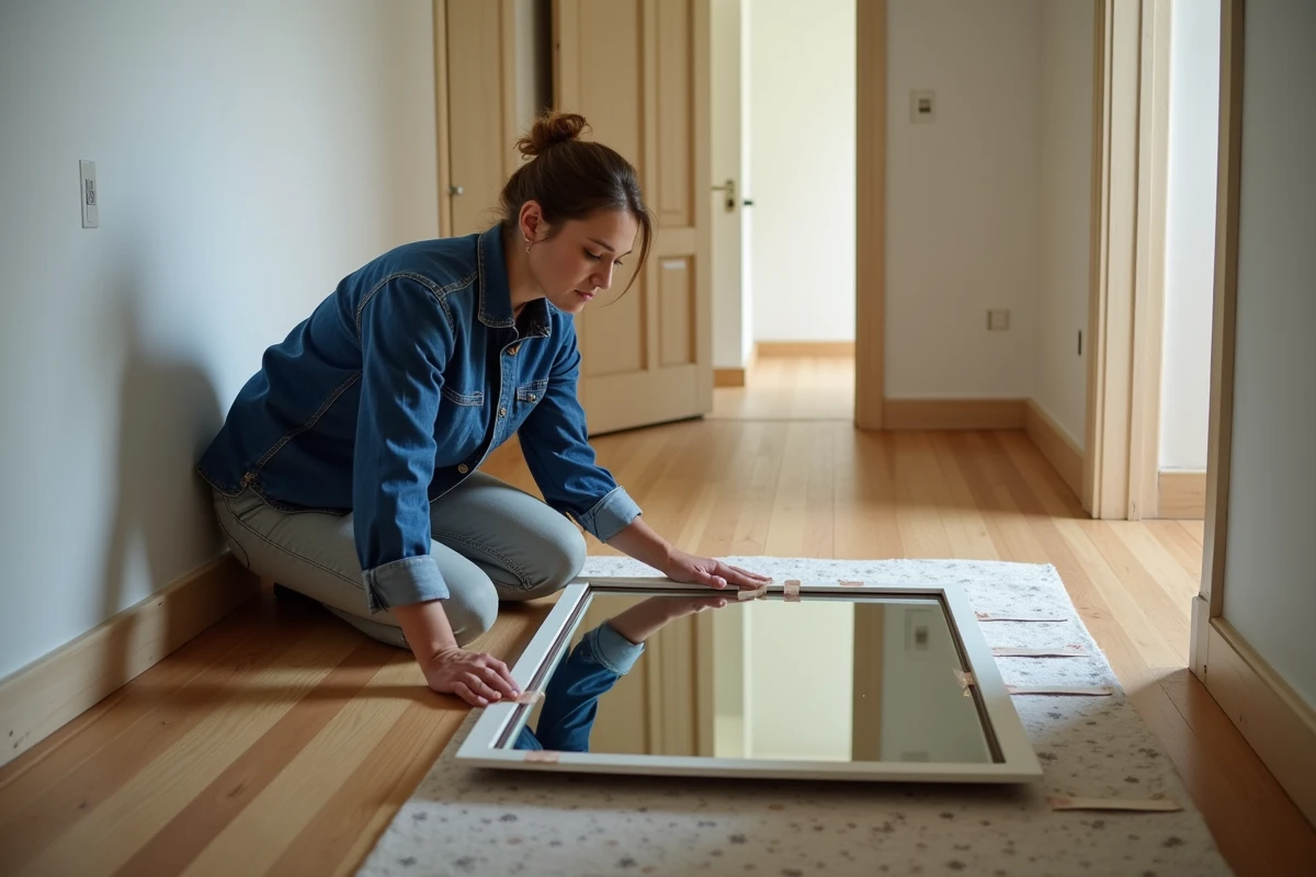 Femme protégeant un miroir encadré avec du scotch transparent posé à plat sur des couvertures de déménagement