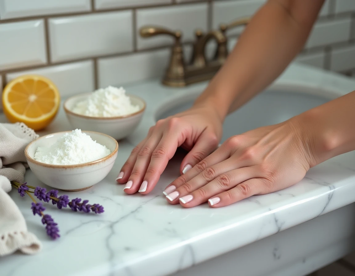 Mains soignées posées sur un comptoir en marbre avec des ingrédients naturels pour sublimer les ongles à la maison