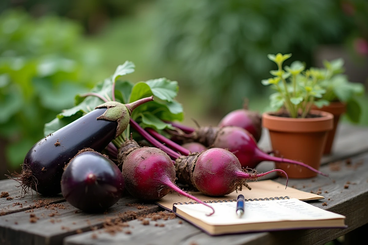 Récolte de betteraves et aubergines disposées sur une table en bois avec un carnet de jardinage et graines