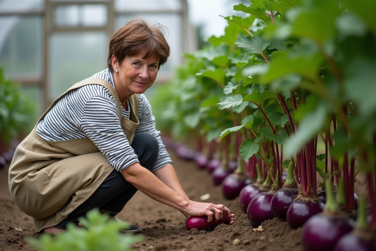 Jardinière récoltant des betteraves dans un potager associé avec des aubergines en arrière-plan