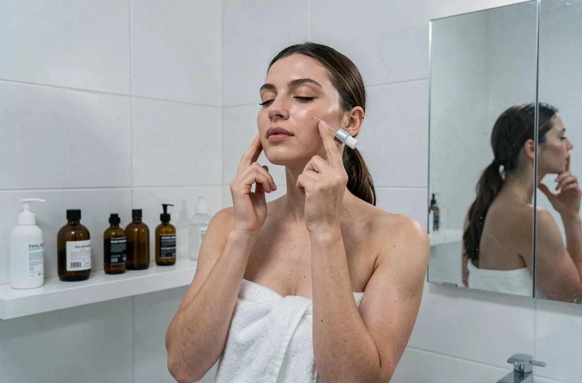 Jeune femme appliquant un sérum sur son visage dans une salle de bain moderne minimaliste aux flacons ambrés