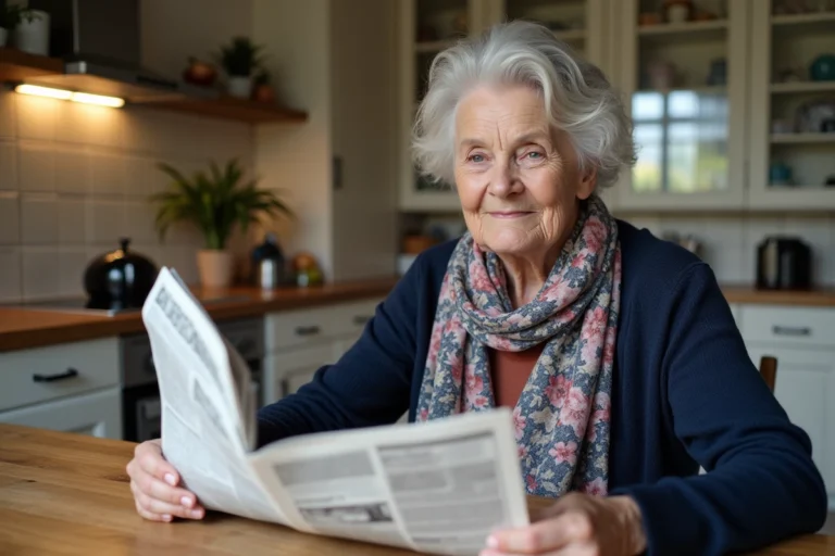 Femme senior lisant un journal dans une cuisine moderne