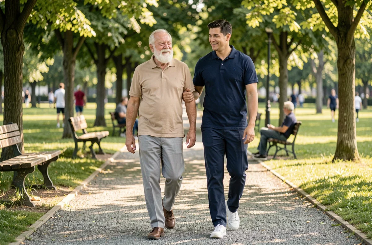 Un senior accompagné par un aidant professionnel lors d'une promenade dans un parc, favorisant l'autonomie et le bien-être