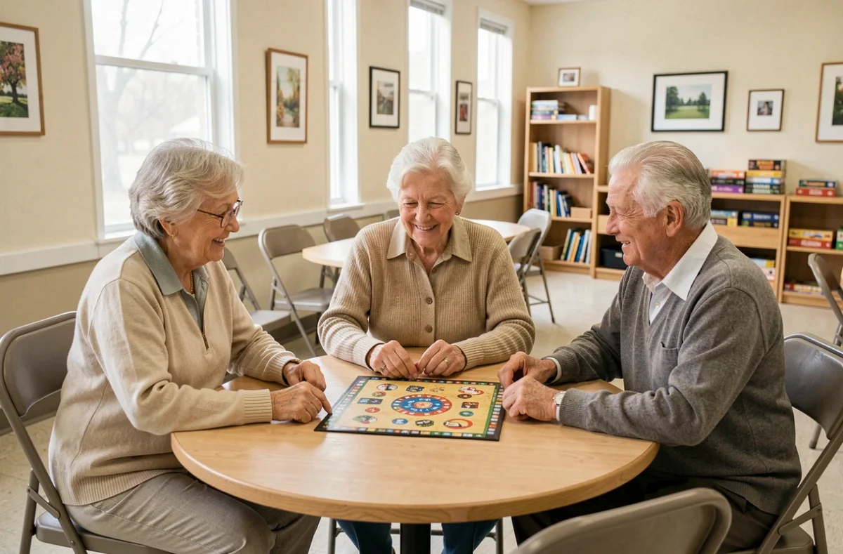 Des seniors participent à une activité sociale dans un centre d'accompagnement, renforçant le lien social et le bien-être