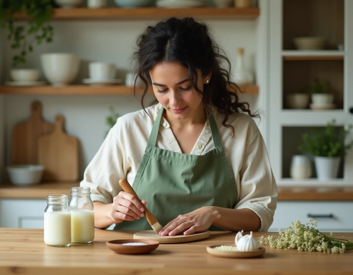 Jeune femme appliquant un soin maison fortifiant sur ses ongles avec des ingrédients naturels dans une cuisine de ferme