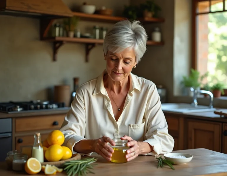 Grand-mère appliquant un soin naturel maison à base d'huile d'olive et de citron sur ses ongles dans une cuisine rustique